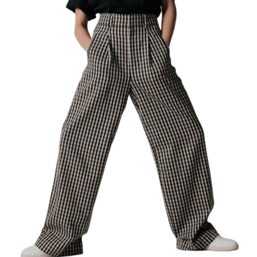 Everlane Way High Drape Pant in Khaki/Black checkered pattern size 0S.